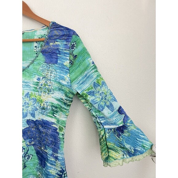 VTG Blue Green Floral Bell Sleeve Blouse Beaded Fairy Whimsical Earthy Moss Art - Picture 2 of 7